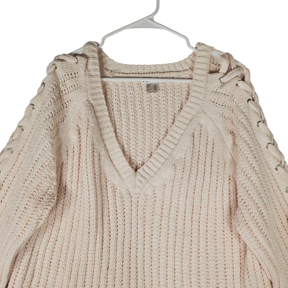 Venus Cream Chenille Lace Up Sleeve V-Neck Ribbed Knit Sweater Womens 1X